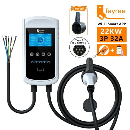 feyree Type2 EV Charger 32A 7.6KW Charging Station Car Charger 11KW 22KW 3Phase EVSE Wallbox 4.3inch Screen Smart APP Control