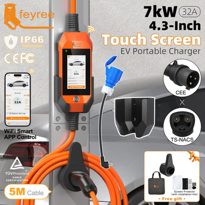 feyree TS-NACS Socket 7kW 32A 1P Portable EV Charger 4.3 Inch Touch Screen High Power Smart APP WiFi Control for EV Tesla Cars