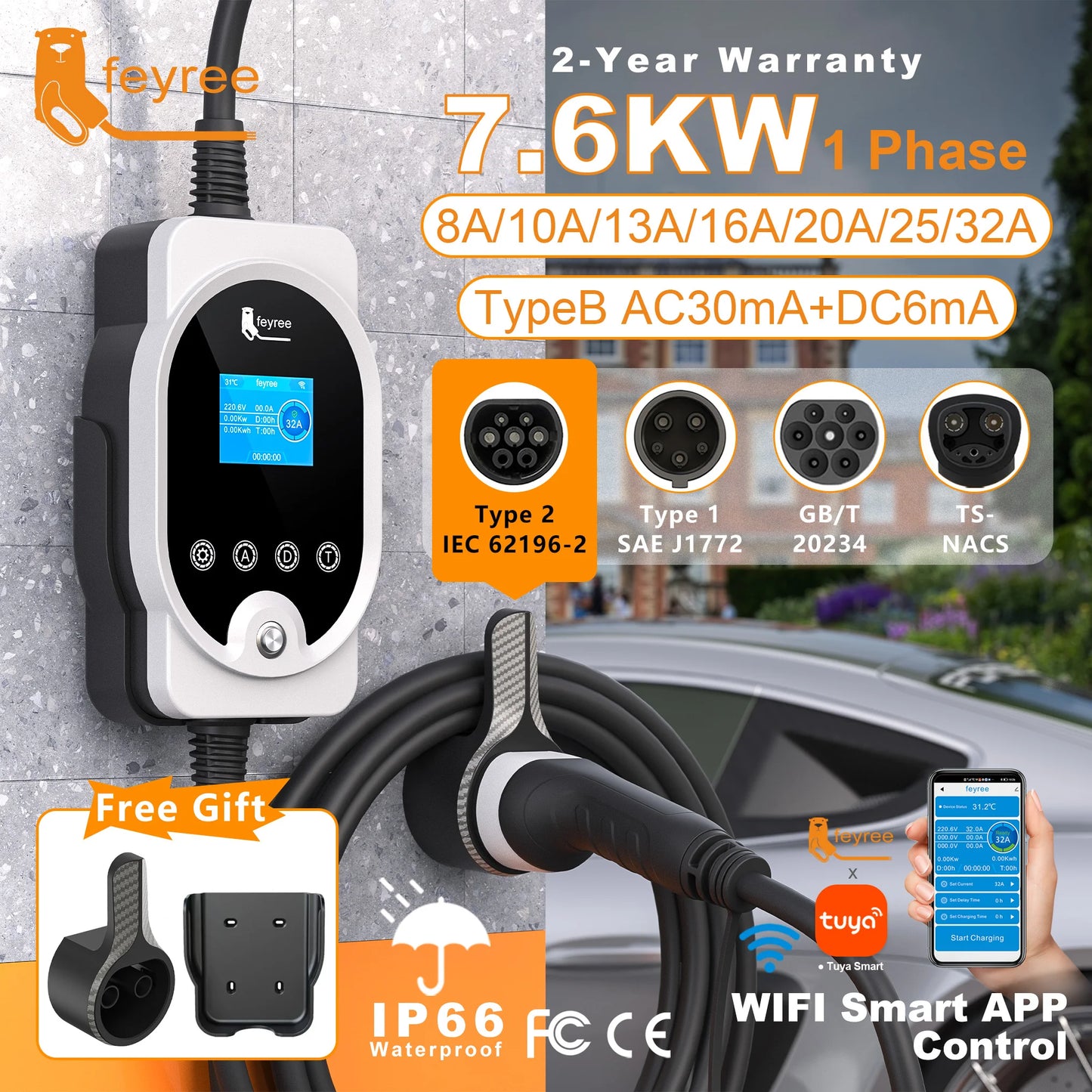 feyree Type2 7KW 32A 1P APP Wi-Fi Control Setting Current & Charging Time Type1 / GBT / TS-NACS Plug