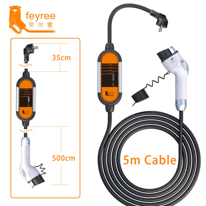 feyree EV Portable Charger Type2 5m Cable 3.5KW 16A IEC62196 Socket 1Phase Type1 j1772 Socket with Schuko Plug for Electric Car