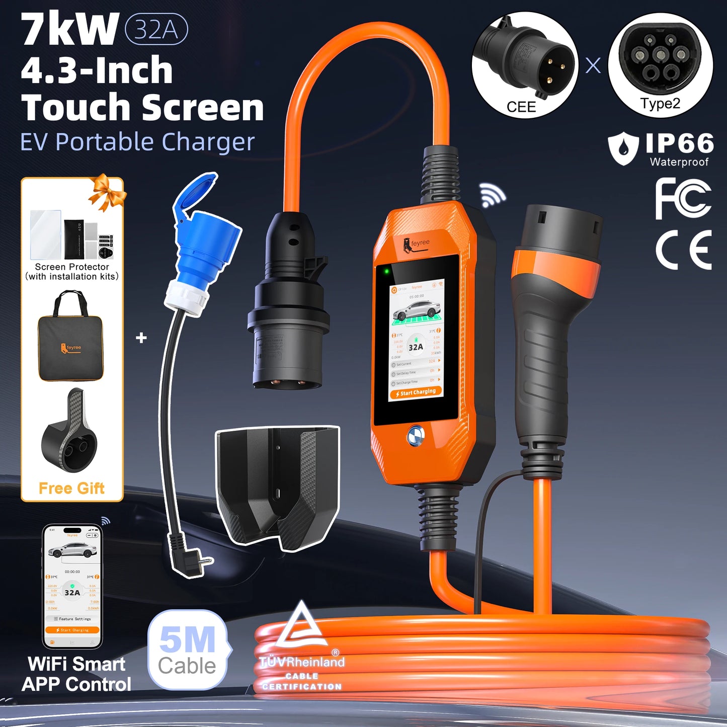 feyree Touch Screen Portable EV Charger Type2 / Type1 / GBT / TS-NACS Socket EV Charger 32A 7KW 1 Phase Smart APP Wi-Fi Control