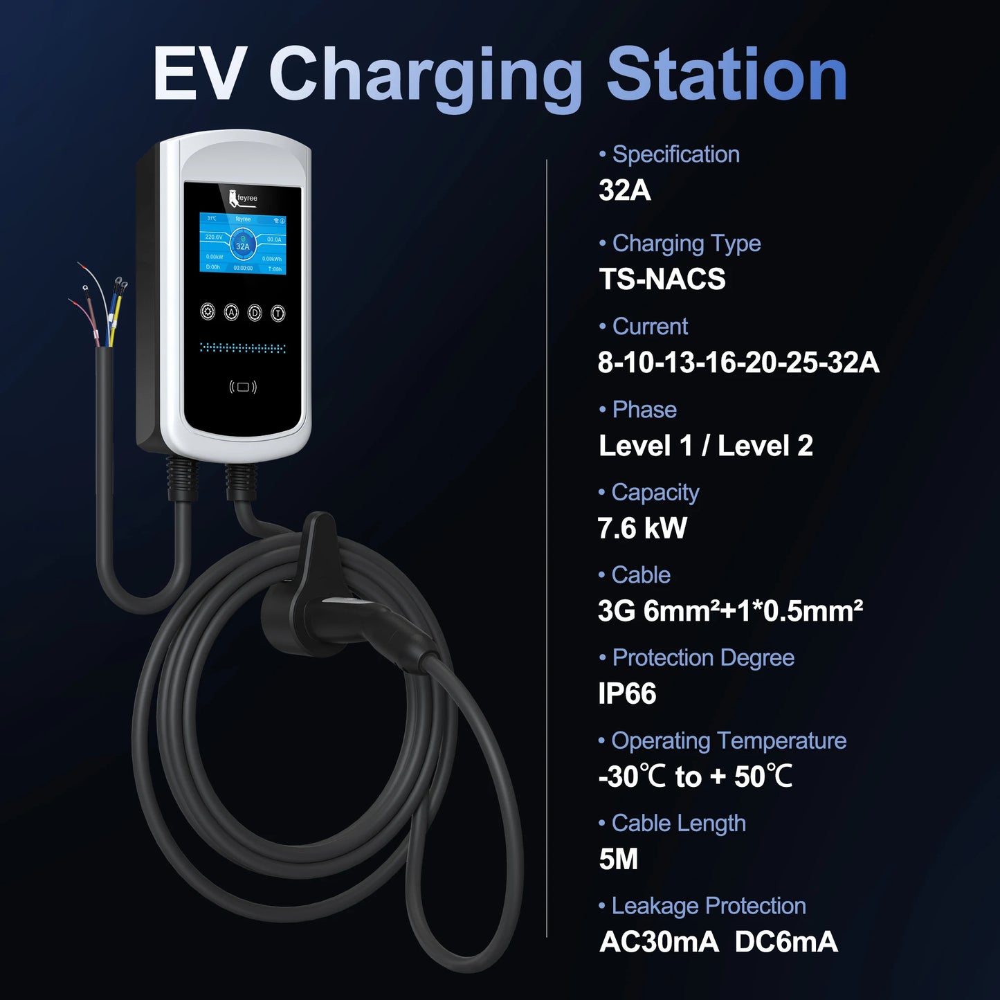 feyree Dynamic Load Balancing EV Charging Station 32A 7kW TS-NACS Charger Plug Car Charger EVSE Wallbox 9.6kW 12kW APP Control