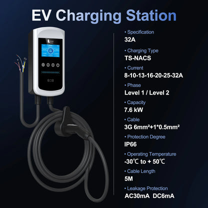 feyree Dynamic Load Balancing EV Charging Station 32A 7kW TS-NACS Charger Plug Car Charger EVSE Wallbox 9.6kW 12kW APP Control