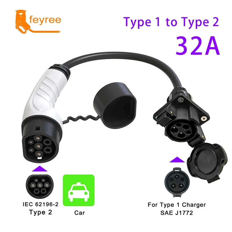 feyree Type1 j1772 female Socket to 16A 32A Type2 IEC62196-2 EVSE Car Side EV Charger Adapter 0.5m Cable for Electric Vehicle