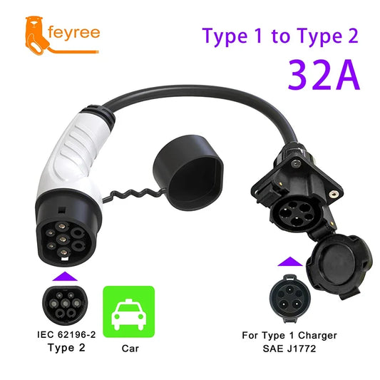feyree Type1 j1772 female Socket to 16A 32A Type2 IEC62196-2 EVSE Car Side EV Charger Adapter 0.5m Cable for Electric Vehicle