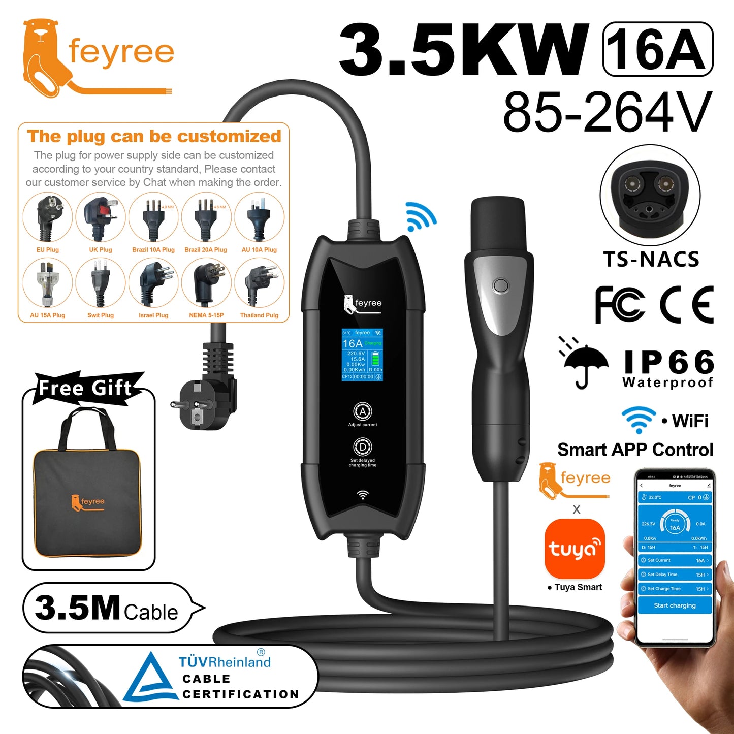 feyree EV Charger TS-NACS Socket 16A 3.5KW APP Control EVSE Portable Charging for Tesla Cars Models 3/Y/S/X Set Charge&DelayTime
