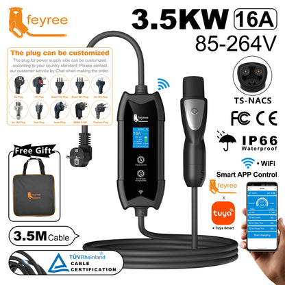 feyree EV Charger TS-NACS Socket 16A 3.5KW APP Control EVSE Portable Charging for Tesla Cars Models 3/Y/S/X Set Charge&DelayTime