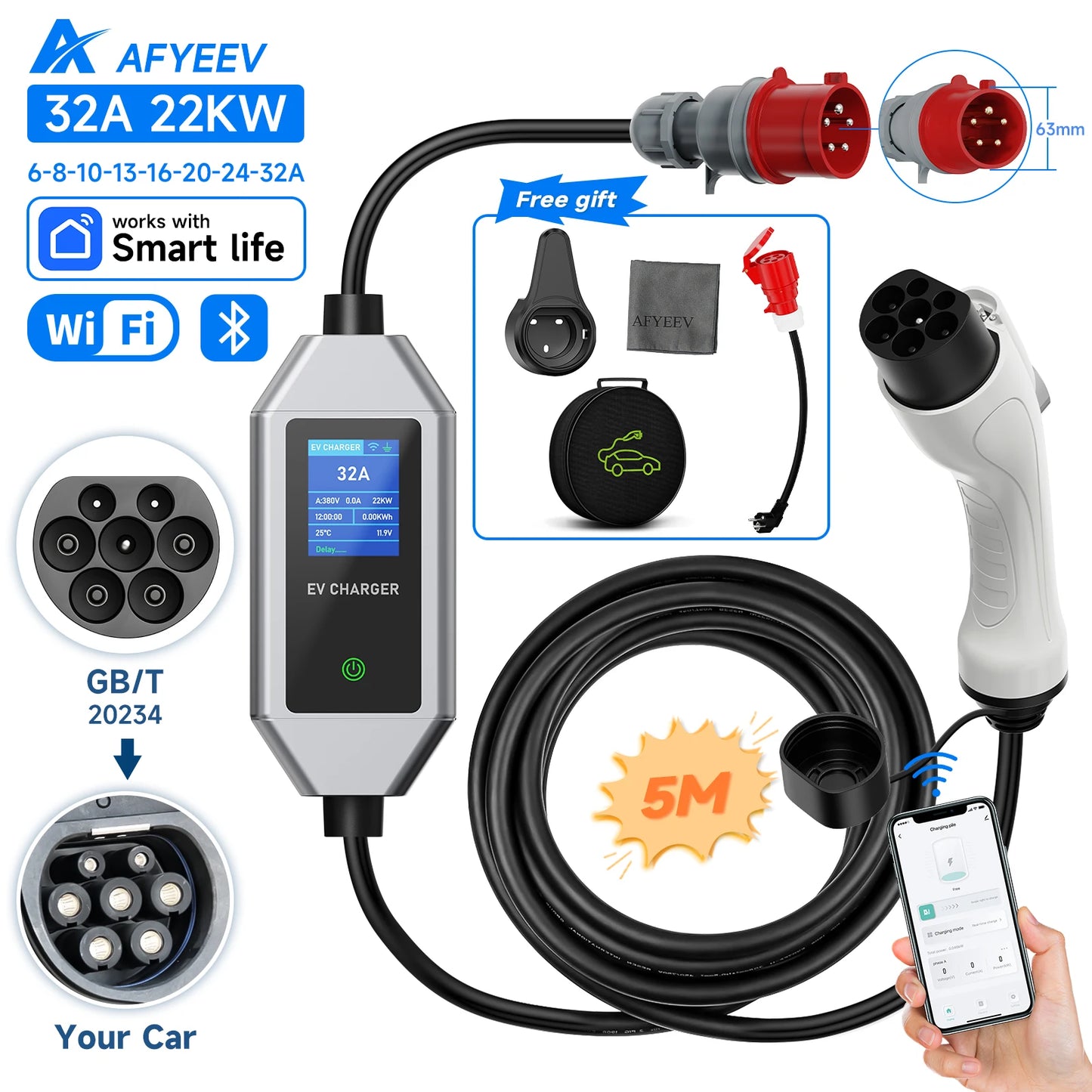 AFYEEV 22KW 32A 3Phase Type2 Portable EV Charger Wi-Fi APP Control GB/T EVSE Charging Box Charging Station For Electric Car