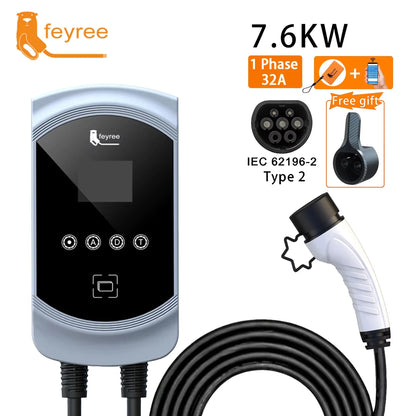 feyree EV Charger 32A 22KW 3Phase 11KW 16A Electric Car Charger EVSE Wallbox 7.6KW 32A Type2 Cable IEC62196-2 Socket APP Control