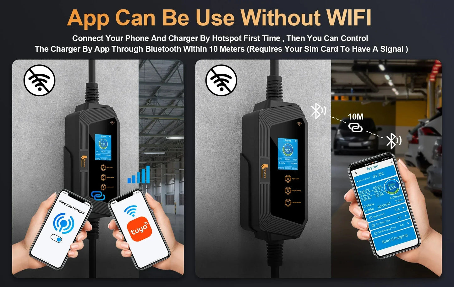 feyree Portable EV charger Type2 32A 7kW Fast Charging APP Wi-Fi Control by Setting Current & Charging time for Electric Vehicle