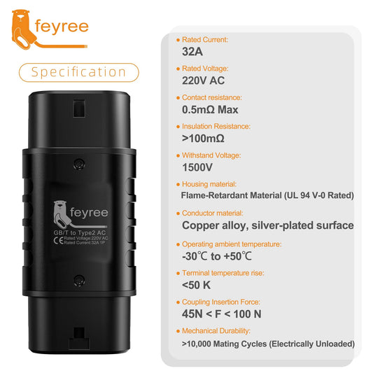Feyree EV Charger Station Adapter GBT to Type 2 IEC 62196-2 Converter EVSE Single/Three Phase Connector 16A 32A for Type 2 Cars