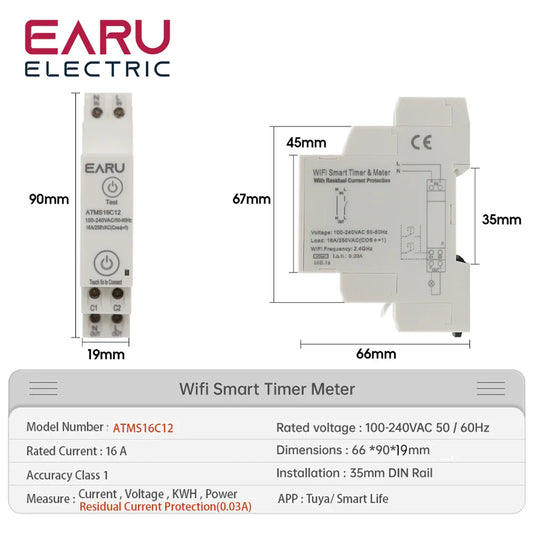 Tuya APP 1P+N AC110V 220V 16A WiFi Smart Circuit Breaker RCBO Timer Relay Switch Remote Control kWh Energy Power Meter Monitor by 54Grid - Renewable Energy Store
