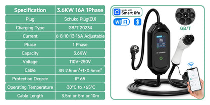 AFYEEV 3600W Portable Type2 IEC62196-2 EV Charger Type1 SAE J1772 Electric Car Charger GBT EVSE Charging Cable Wallbox EU Plug