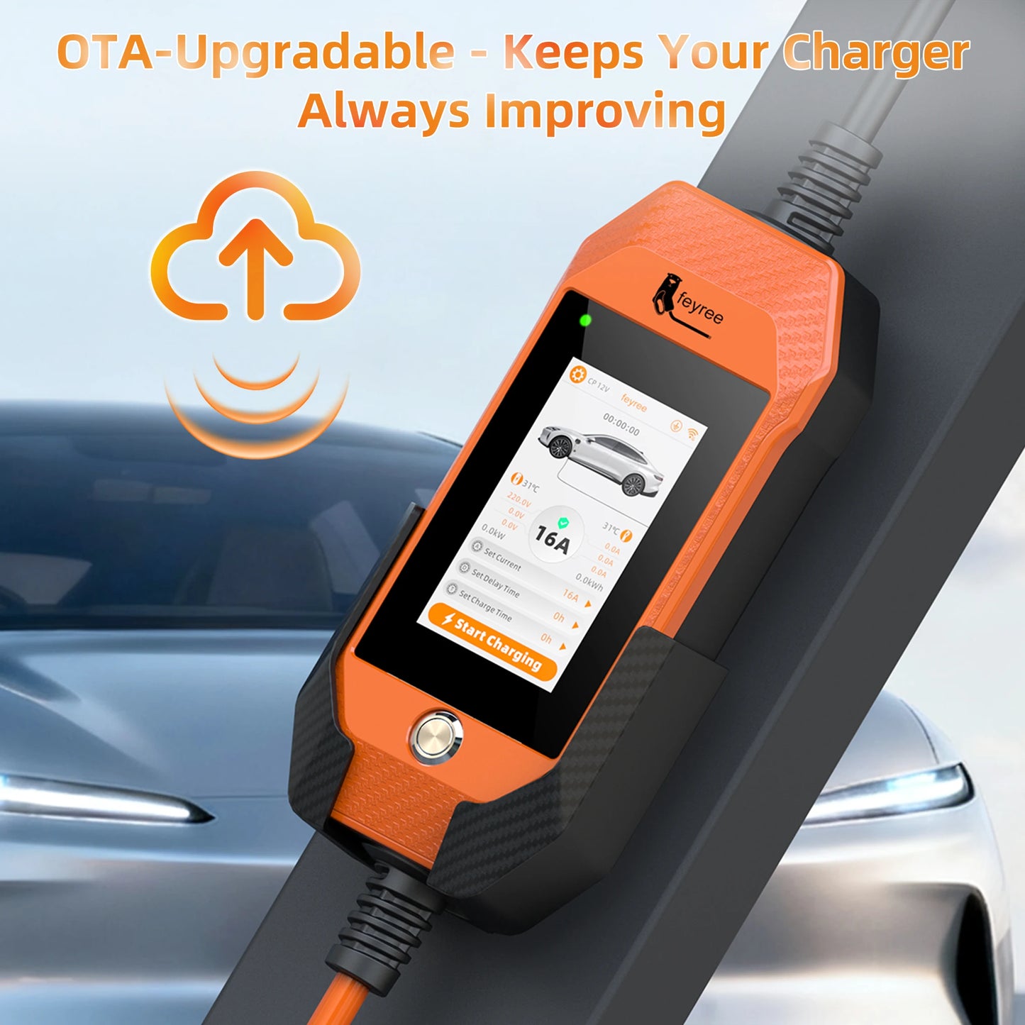 feyree Portable EV Charger For Tesla 3.5kW 16A 1Phase 4.3in Touchscreen With WiFi APP Control with Box Holder For EV Car Charger
