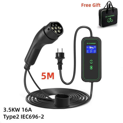 Portable EV Charger 3.5KW Type2 IEC62196-2 Wallbox Model2 EVSE Equipment Home Car Charging 16/13/10/8A  Ajustable With Cable 5M - 54Grid - Renewable Energy Store