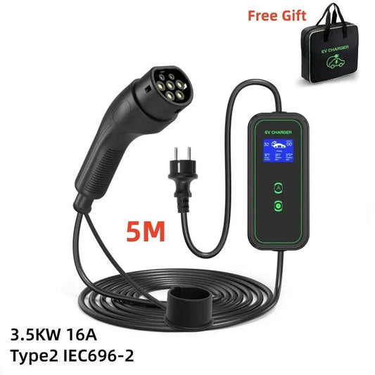 Portable EV Charger 3.5KW Type2 IEC62196-2 Wallbox Model2 EVSE Equipment Home Car Charging 16/13/10/8A  Ajustable With Cable 5M - 54Grid - Renewable Energy Store