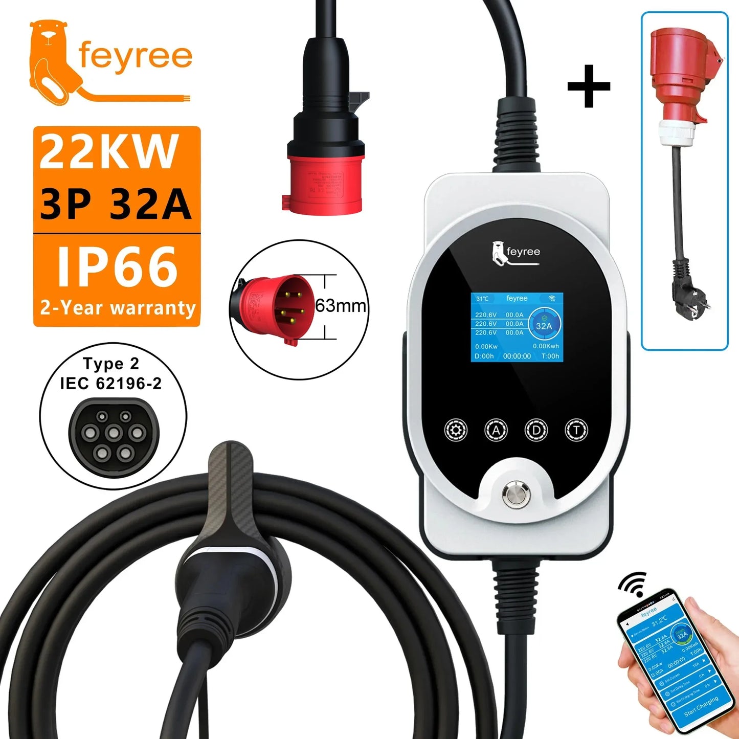 feyree 22KW Type2 Cable EVSE Wallbox & Portable EV Charger 32A 3Phase Wi-Fi APP Smart Fast Charging Station for Electric Vehicle