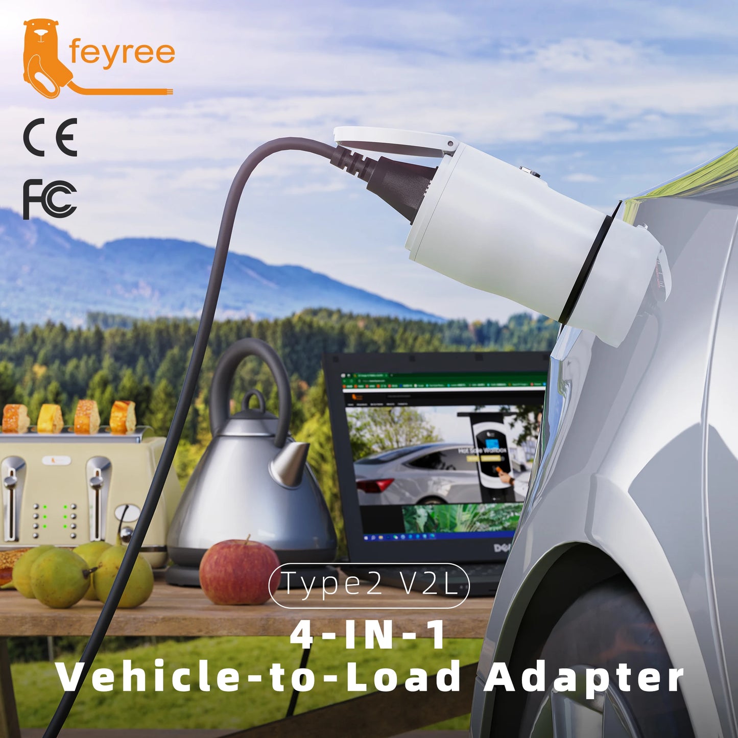 feyree Type2 V2L Discharger Adapter for MG/Kia/Hyundai/Chinese EVs,Vehicle to Load Power Converter and Safety Switch for Camping