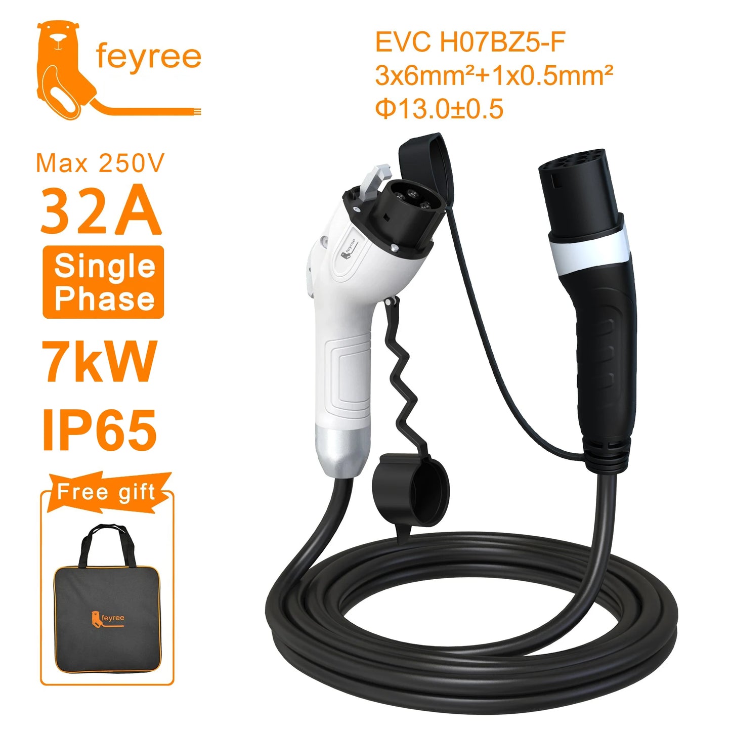 feyree EV Charging Cable 7KW 32A 1Phase Type1 Car Charging Socket to Type2 Power Supply Side 16A 3.5KW 5m Cable for Electric Car