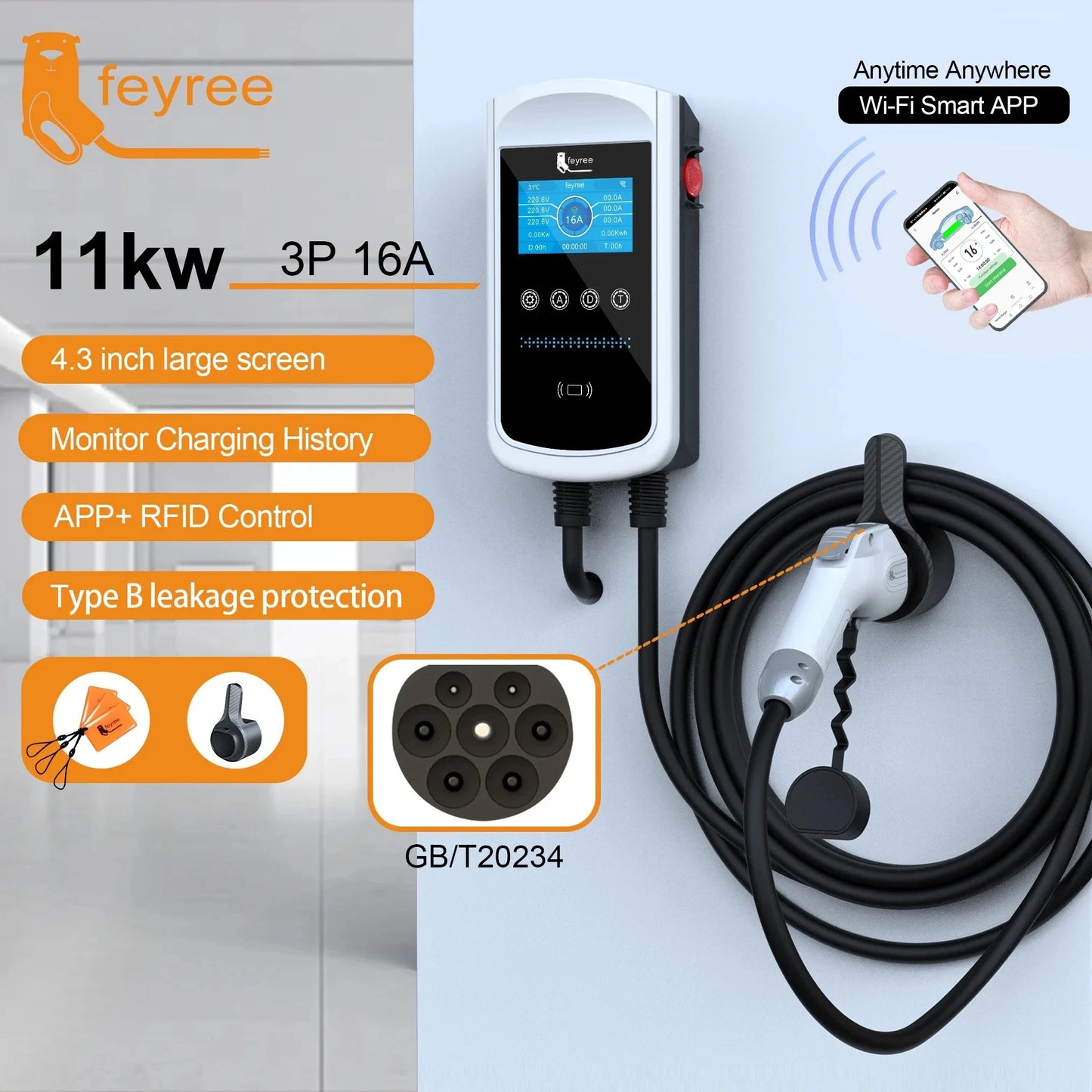 feyree GB/T Socket EV Charger 7.6kw 32A Wallbox 4.3 inch Big Screen APP Charge History Record 11kw 22kw 3 Phase Charging Station