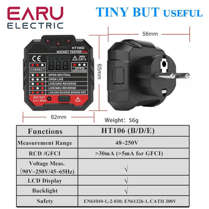 EU UK US HT106B HT106D HT106E Socket Tester Voltage Test Socket Detector EU UK Plug Ground Zero Line Plug Polarity Phase Check by 54Grid - Renewable Energy Store