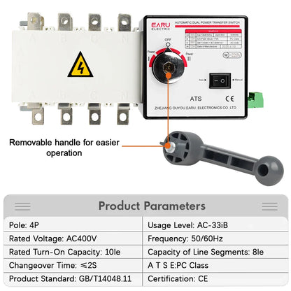 4P 160A AC400V ATS PC Automatic Transfer Switch Electrical Selector Switche  Auto or Manual 2 Input 1 Output Uninterrupted Power