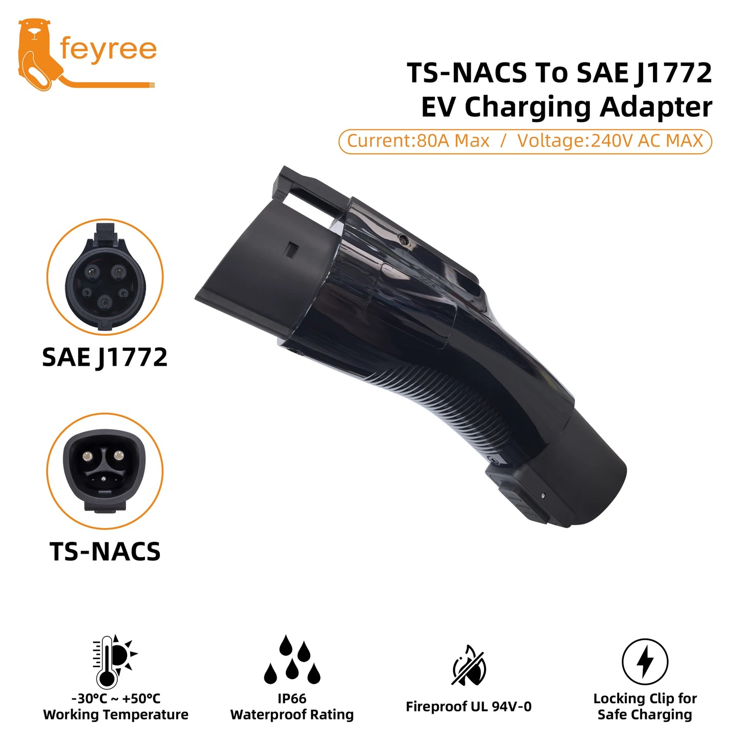 feyree Portable TS- NACS to J1772 Adapter 80A 240V max, Compact Charger Converter for Tesla Model S/3/X/Y,AC EV Charging station
