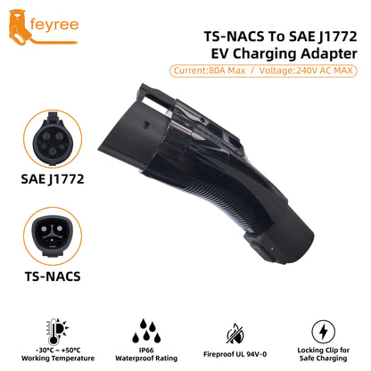 feyree Portable TS- NACS to J1772 Adapter 80A 240V max, Compact Charger Converter for Tesla Model S/3/X/Y,AC EV Charging station