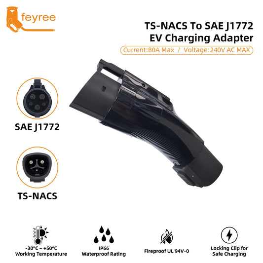 feyree Portable TS- NACS to J1772 Adapter 80A 240V max, Compact Charger Converter for Tesla Model S/3/X/Y,AC EV Charging station