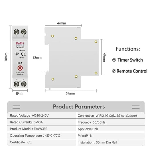eWeLink WiFi Smart Circuit Breaker MCB 1P 63A Timer Power Energy kWh Voltage Current Meter Protector Voice Remote Control Switch by 54Grid - Renewable Energy Store