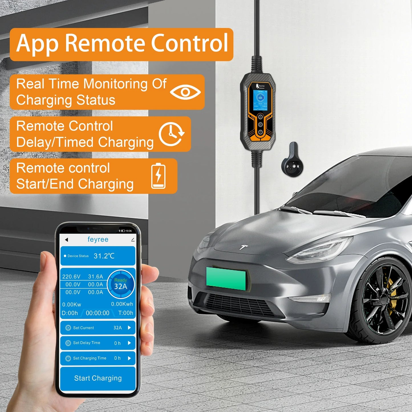 feyree Portable EV Charger Type2 32A 7KW Wi-Fi APP Control Current Adjustable Smart Timing Charging EVSE Wallbox Home&Outdoor