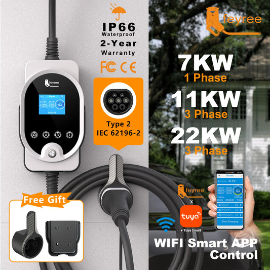 feyree Type2 EV Charger EVSE Wallbox 22KW 11KW 3P Smart APP Wi-Fi Control  7KW 32A 1P Setting Current & Charging Time for EV Car