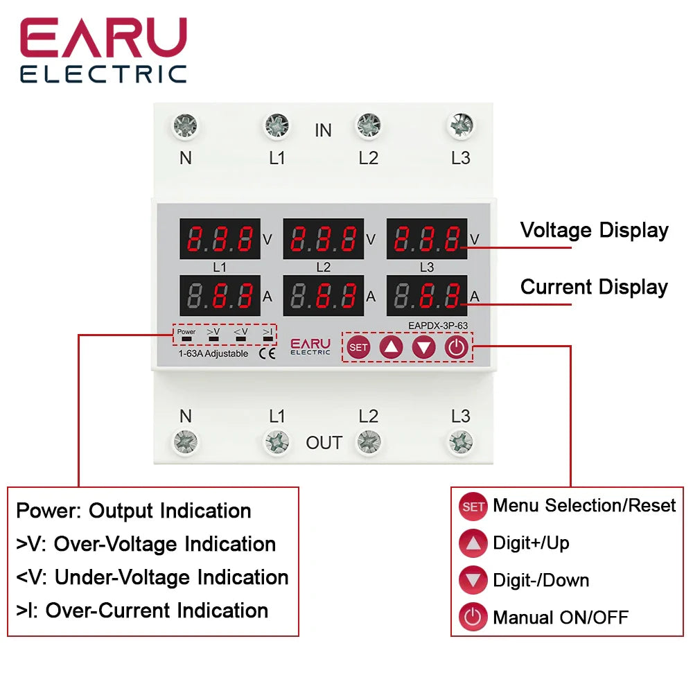 Three Phase Voltage Current Adjustable Over Under Voltage Current Limit Protection Relay Protector 3*220V 380V 63A 100A Din Rail