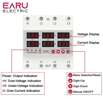 Three Phase Voltage Current Adjustable Over Under Voltage Current Limit Protection Relay Protector 3*220V 380V 63A 100A Din Rail