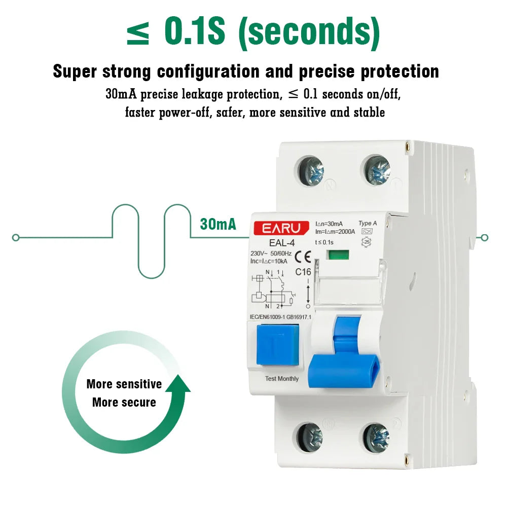 2P AC230V 20A/25A/32A 30mA L7-Architecture Type A MCB RCBO Leakage Protection Curve B/C Tripping Characteristics Circuit Breaker