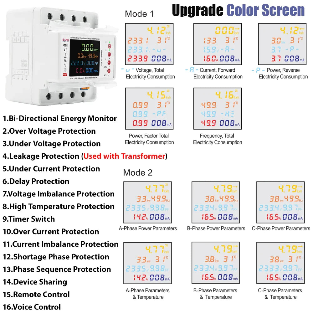 Three Phase Tuya WiFi Smart Bidirectional Energy Power kWh Meter Leakage Over Under Voltage Protector Relay Switch Current Limit