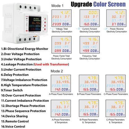 Three Phase Tuya WiFi Smart Bidirectional Energy Power kWh Meter Leakage Over Under Voltage Protector Relay Switch Current Limit