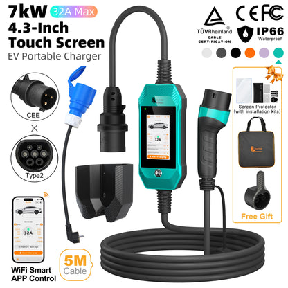 feyree 4.3 Inch Touch Screen Portable 7kW EV Charger Type2 Charging Plug with Smart Wifi APP AC Home Charger Professional Design