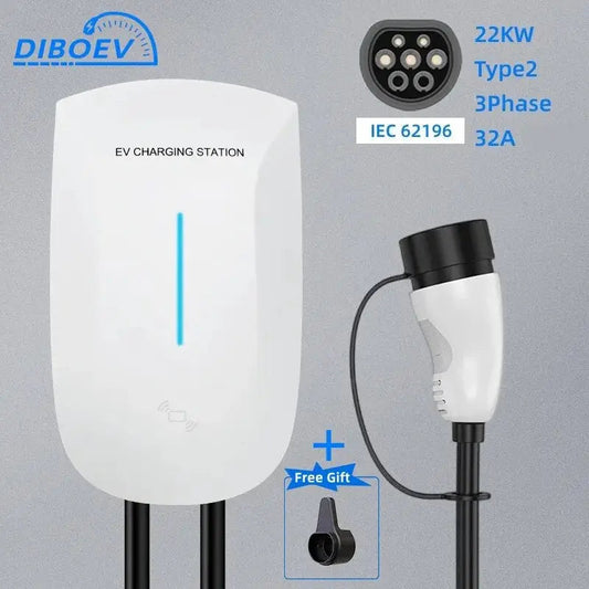 DIBO EV Charger Type2 Plug EVSE Wallbox 32A 22KW IEC62196-2 Socket 3Phase 5m Cable Wallmount Charging Station for Electric Car - 54Grid - Renewable Energy Store
