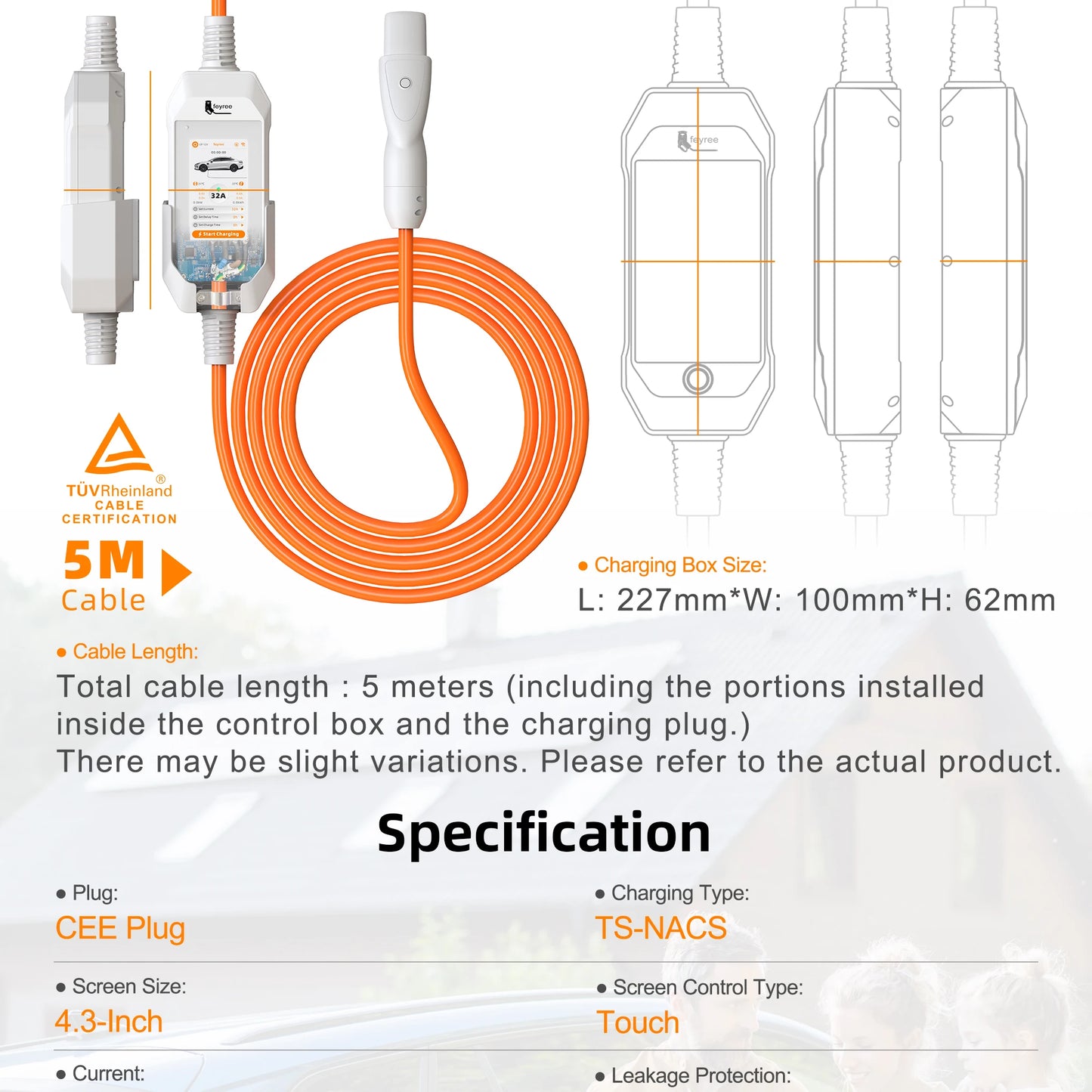 feyree TS-NACS Socket 7kW 32A 1P Portable EV Charger 4.3 Inch Touch Screen High Power Smart APP WiFi Control for EV Tesla Cars