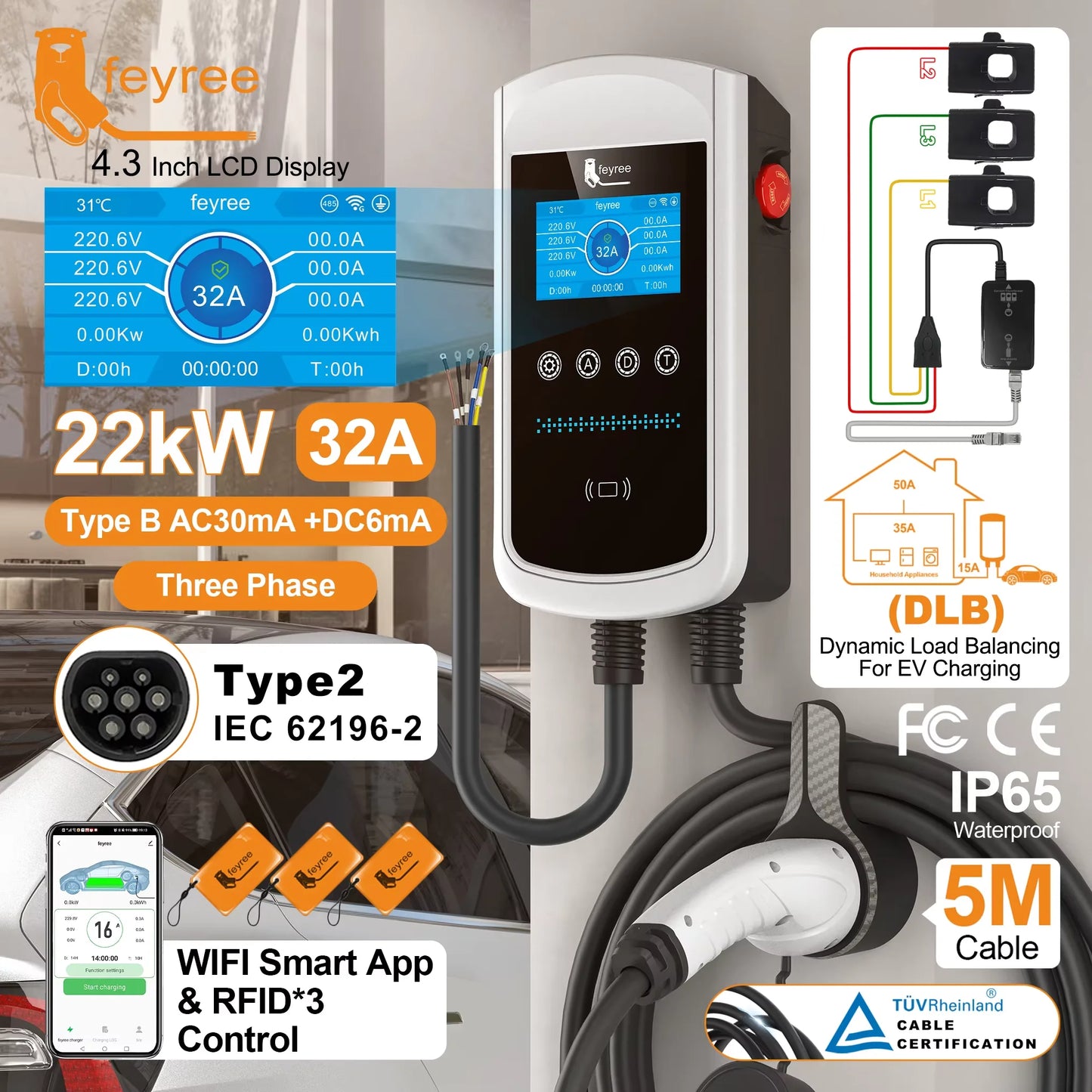 feyree Type2 EV Charger 4.3inch Screen 32A 7.6kW Dynamic Load Balancing 11kW 22kW 3Phase EVSE Wallbox APP with Charge History