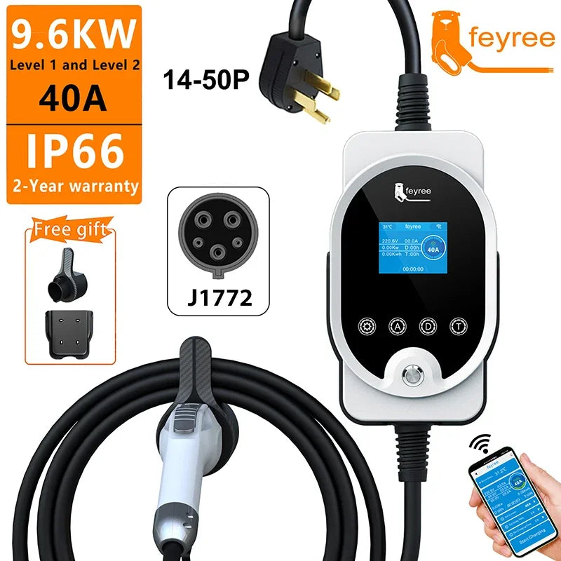 feyree Portable EV Charger Type1 Plug 32A 40A 50A EV Fast Charging Cable 5m Electric Car Charging Station wallbox Adjust Current by 54Grid - Renewable Energy Store