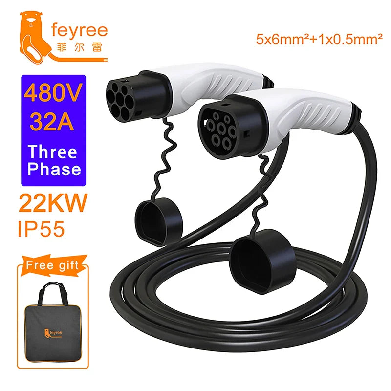 feyree EV Charger Type2 Cable Female Car Side to Type2 Male Plug 16A 3.5KW 32A 7KW 1Phase 11KW 22KW 3 Phase for Electric Car by 54Grid - Renewable Energy Store