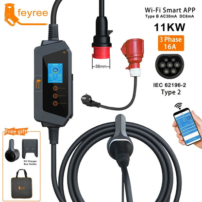 feyree Type2 Cable Portable EV Charger 11KW 16A 3P Car Charger Wi-Fi APP Control EVSE Charging Box CEE Plug for Electric Vehicle