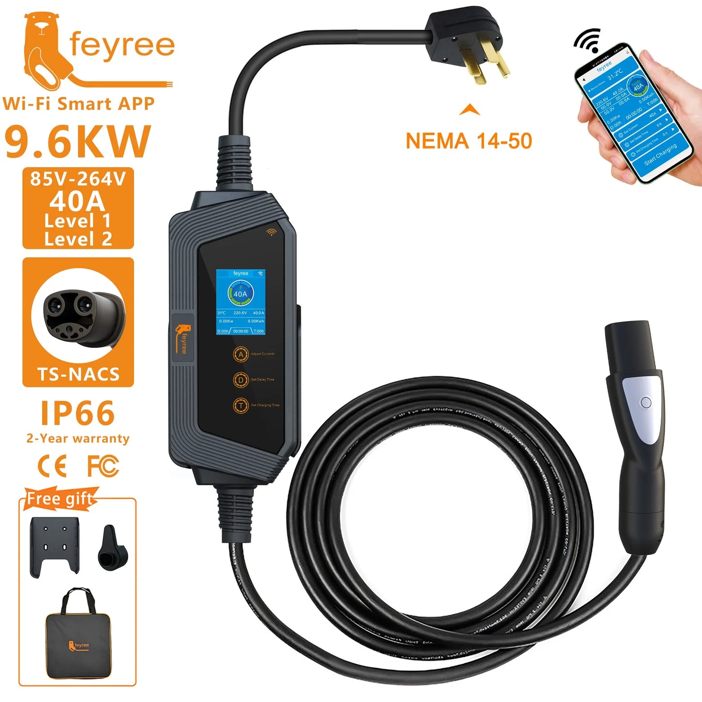 feyree Portable EV Charger with TS-NACS Connector 32A up to 50A 12kw High Power EV wallbox with APP WIFI for All Tesla Models