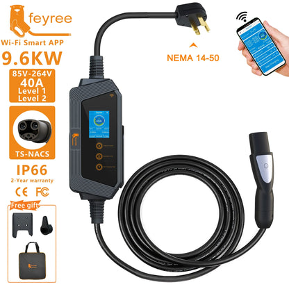 feyree Portable EV Charger with TS-NACS Connector 32A up to 50A 12kw High Power EV wallbox with APP WIFI for All Tesla Models