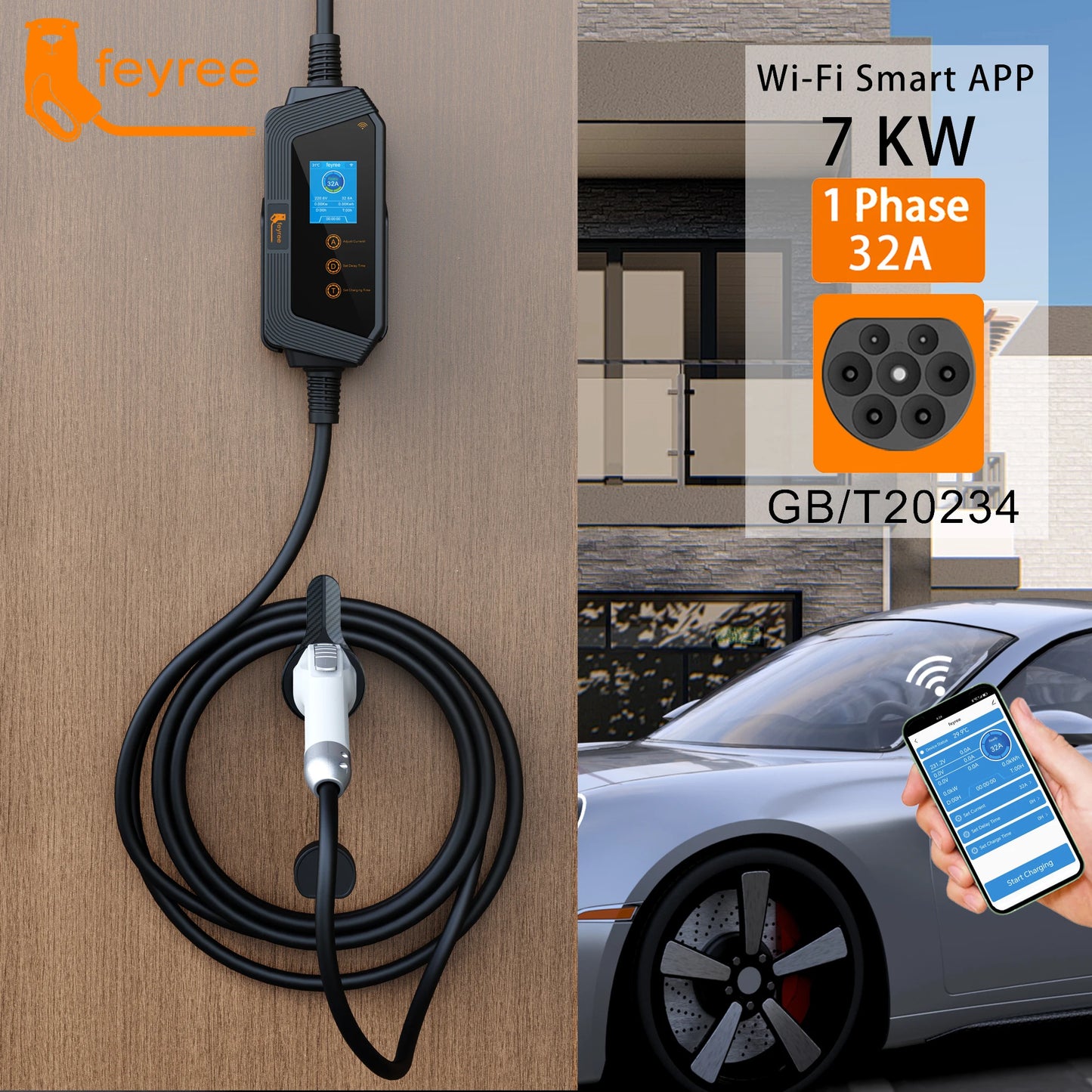 feyree 7KW 32A Adjustable EV Charger GBT Socket APP Bluetooth Version Set Charging Time EVSE Charging Box for Electric Vehicle