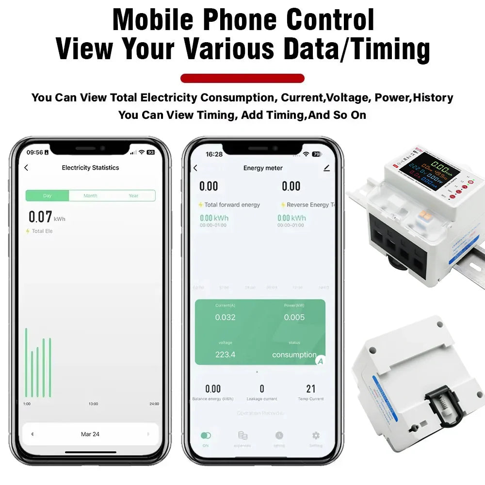 Three Phase Tuya WiFi Smart Bidirectional Energy Power kWh Meter Leakage Over Under Voltage Protector Relay Switch Current Limit