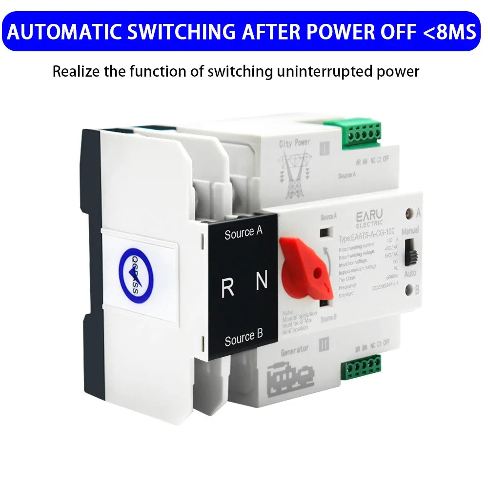Single Phase Din Rail ATS PV 2P 4P 100A AC 110V 220V Dual Power Automatic Transfer Electrical Selector Switches Uninterrupted by 54Grid - Renewable Energy Store