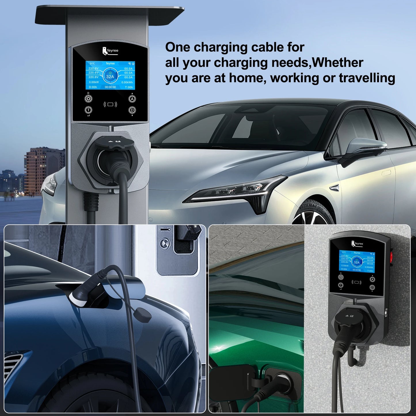 feyree Type2 EV Charger Socket Version 22KW Smart Electric Car Charger for TS-NACS Type1 GB/T Plug EVSE Wallbox WIFI APP Control